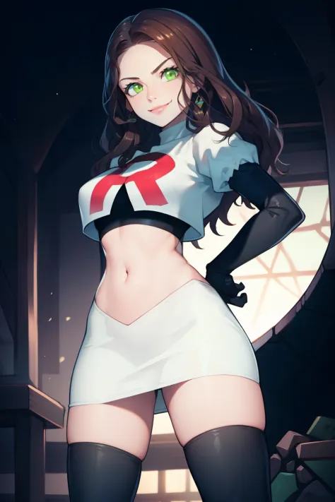 dorothea, green eyes, glossy lips ,team rocket,team rocket uniform, red letter R, white skirt,white crop top,black thigh-high bo...