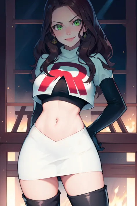 dorothea, green eyes, glossy lips ,team rocket,team rocket uniform, red letter r, white skirt,white crop top,black thigh-high bo...