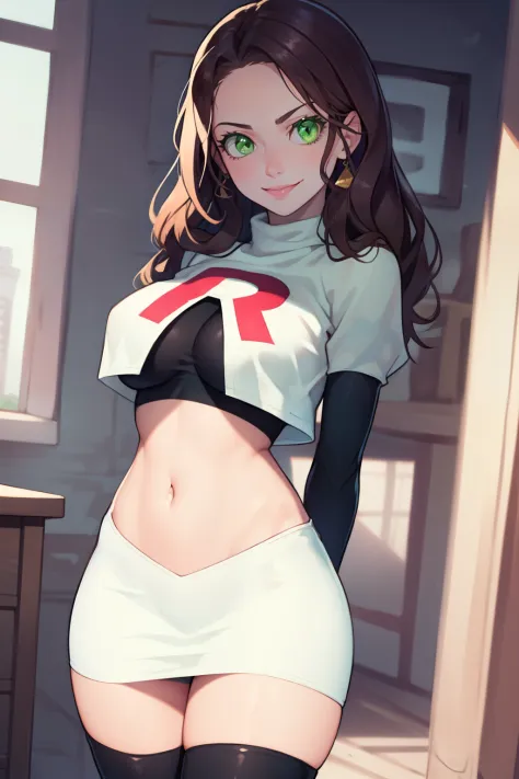 dorothea, green eyes, glossy lips ,team rocket,team rocket uniform, red letter R, white skirt,white crop top,black thigh-high boots, black elbow gloves , looking at viewer, evil smile, arms crossed