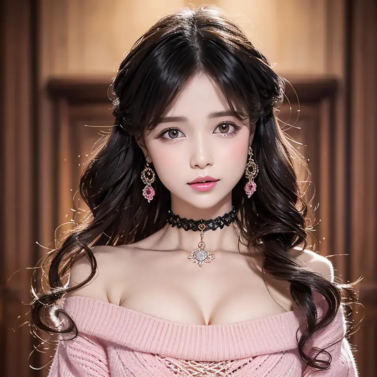 wavy hairwavy hair（（（The eyes are delicate））），hair adornments，choker necklace，Woman wearing sexy pink lace sweater（（（tmasterpiec...