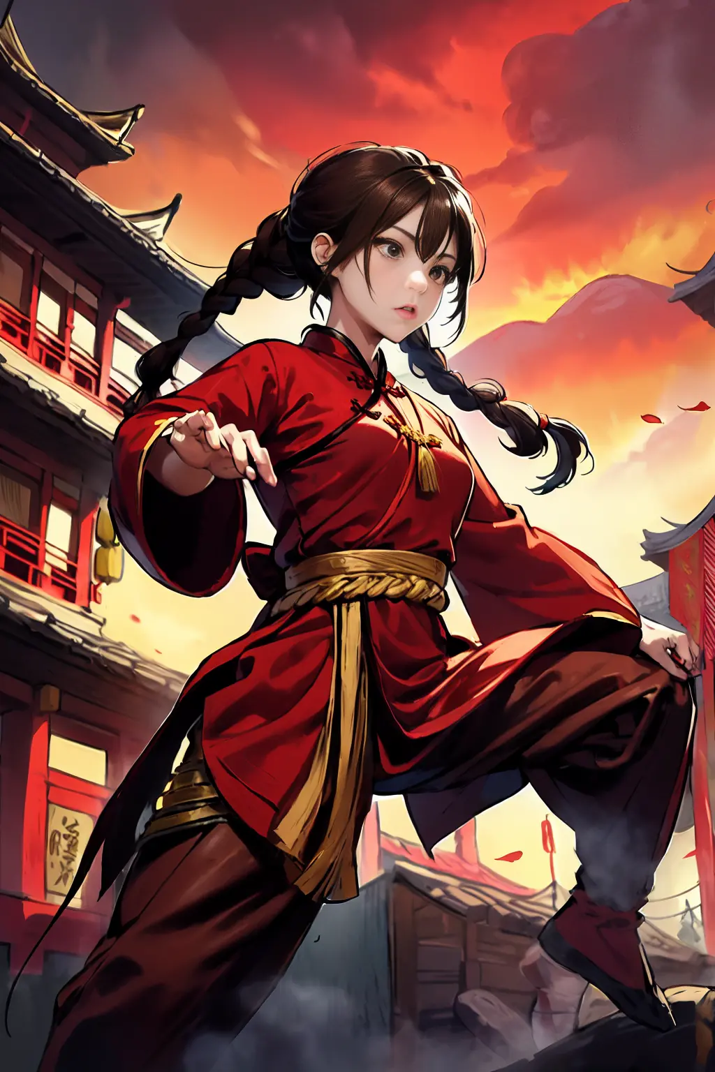 lei kugo live a live, qipao, chinese clothes, traditional clothes, action pose, full body, brown hair, braided hair, scars on fa...