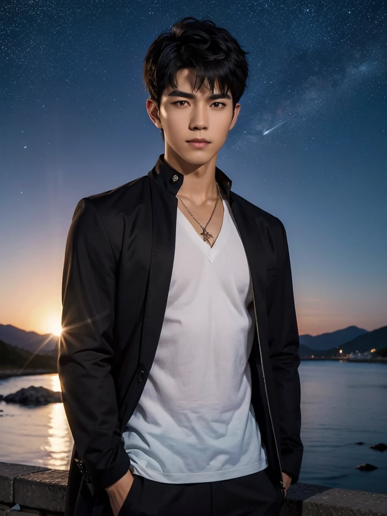 (photorealistic, masterpiece, 8K HD, good lighting quality, portrait, closing up on face, intricate details, dim lighting), a handsome young vietnamese man, 25 years old, sharp gaze, confident, soft smirk, detailed face, detailed eyes, looking at the sky, wearing short-sleeved jacket over shirt, casual wear, necklace, dark brown eyes, (tanned skin), lean physique, black hair, smooth hair, hair bangs, short hair, straight hair, outdoors, dawn, stars, constellation, cosmical, dreamy world, surrealism, ethereal