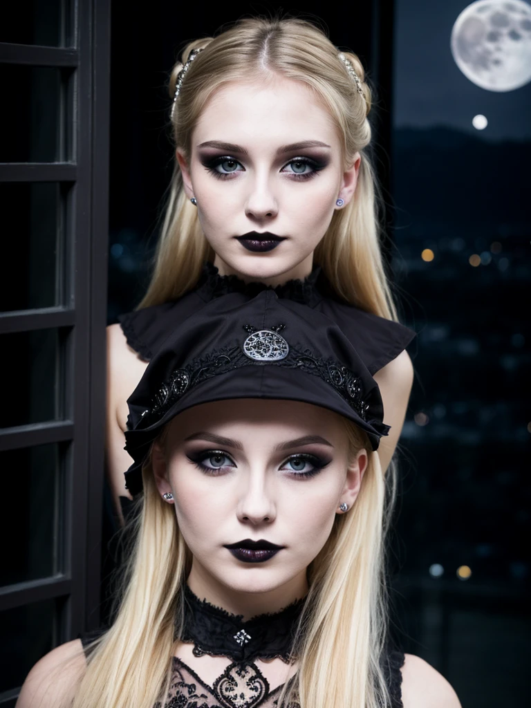 portrait of a cute girl, blonde, grey eyes, 25 years old, gothic clothes, (subdued moonlight, backlighting, blurred night city landscape behind the window:1.1), 8k, extremely detailed face and eyes, emotionless face, (pale skin, gothic make-up:1.15)