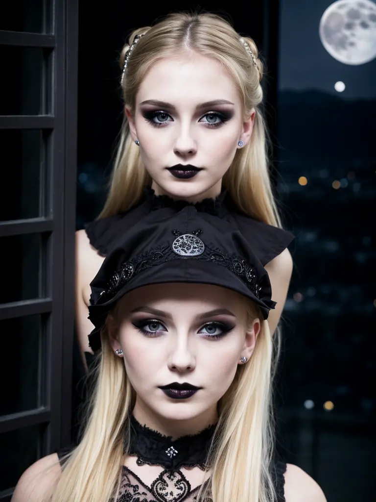 portrait of a cute girl, blonde, grey eyes, 25 years old, gothic clothes, (subdued moonlight, backlighting, blurred night city l...