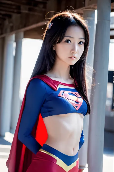 (High reality photograph, high resolusion photograph, super detailed face, detailed eyes) Skinny Japanese lady, various face expression, black long hair, skinny figure, medium breasts, very thin waist, Supergirl costume, full-body photo, alone in a photo