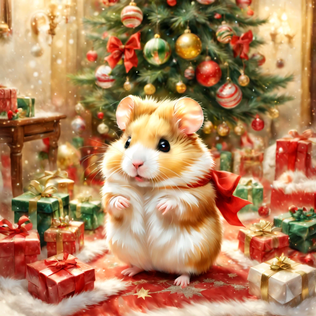 (Christmasパーティ会場:Christmas Decorations),inside in room,Christmas tree,ceiling decoration:Christmas,candy:Christmas,(hamster christmas party),(ダンシングhamster:party attire:dance:pulling the hands up:Opening Mouth:cute little:A delightful:Joy:glad),hamster達,​masterpiece,top-quality,Fluffy hamsters,Christmas,A delightful,tre anatomically correct,The cutest hamster,colourfull,hamster,bow ribbon:red and green,kirakira,Star ornament,fireplace,Fantasia,randolph caldecott style,illustratio,watercolor paiting,今日はA delightfulChristmasパーティです,最高に素敵なChristmas会場の飾りつけ