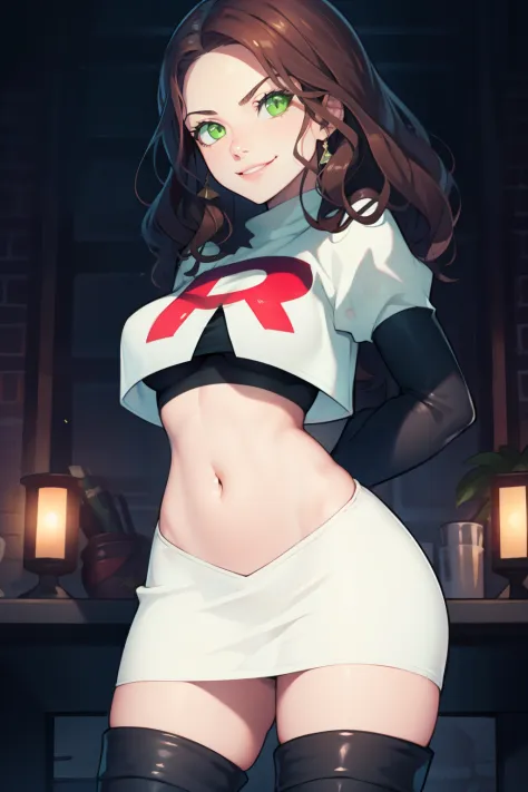 dorothea, green eyes, glossy lips ,team rocket,team rocket uniform, red letter R, white skirt,white crop top,black thigh-high boots, black elbow gloves , looking at viewer, evil smile, arms crossed