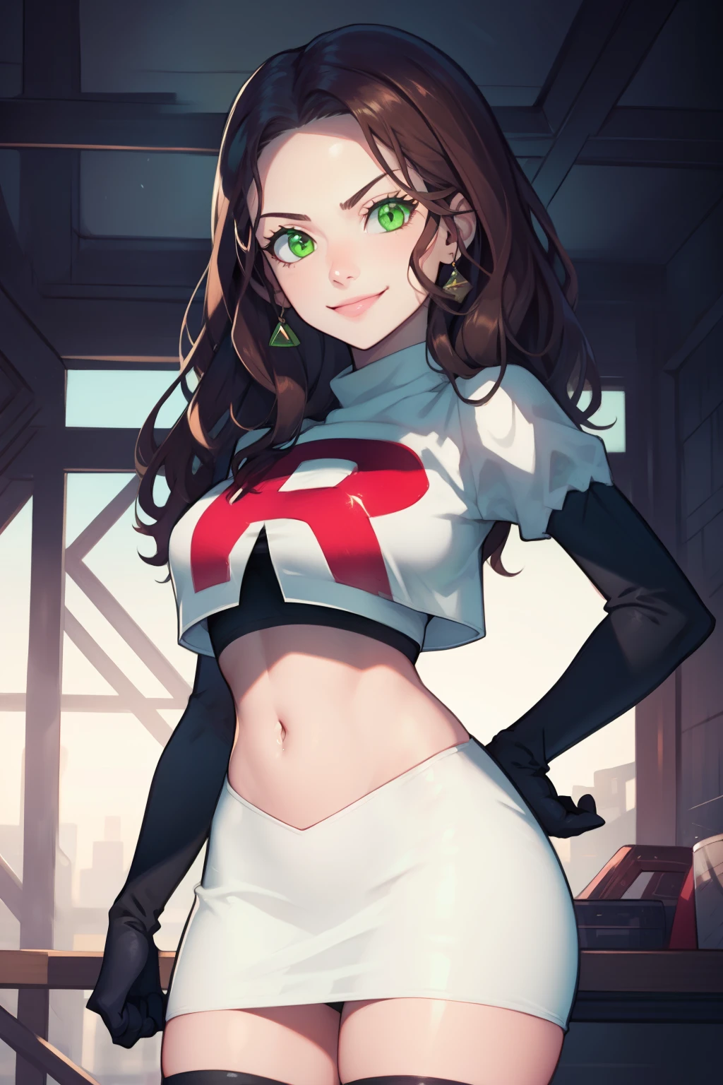 dorothea, green eyes, glossy lips ,team rocket,team rocket uniform, red letter R, white skirt,white crop top,black thigh-high boots, black elbow gloves , looking at viewer, evil smile, arms crossed