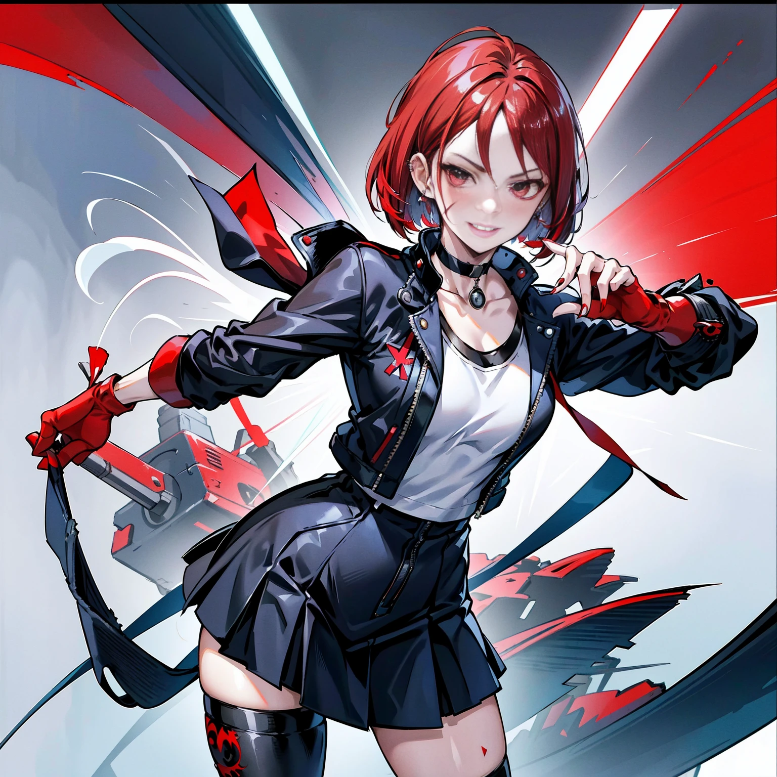 in the art style of persona 5, smal breast, delinquent, (sukeban), mature_female, blush, mature, older woman, 25 years old, Sukeban teacher outfit, (1girl, solo female, solo, solo focus)++++, choker, sukeban teacher, sukeban fighter, long_sleeves, open jacket, blue jacket,( jean)+++, light skin tone female, full body, jacket, biker jacket, tape, arm_support, gloves, red_gloves, bridal gauntlets, nail polish, boots, black_footwear, fighter outfit, full body, hourglass, mature face, cheeky smile, cheeky face, wrinkles, (red hair, short hair, bob cut, earrings, ear piercings), red eyeighting art, Martial arts, standing, fighting_stance, fight, fighting), extra colors, 2D, megapixel, perfectionism, accent lighting, full HD , (Masterpiece:1.2), (full-body-shot:1),(cowboy shot:1.2), (Highly detailed:1.2),(Detailed Face:1.2), Colorful, A detailed eye, (Detailed landscape:1.2), (natural lighting:1.2), ((sukeban school teacher)) by Vincent Di Fate: Aidyllery, Anamorphic Shot, rule of thirds, face by Artgerm and WLOP,