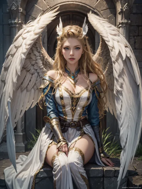 masterpiece, highly detailed, hyperrealistic fullbody shot of beautiful Katherine Winnick as a beautiful valkyrie angel, large a...