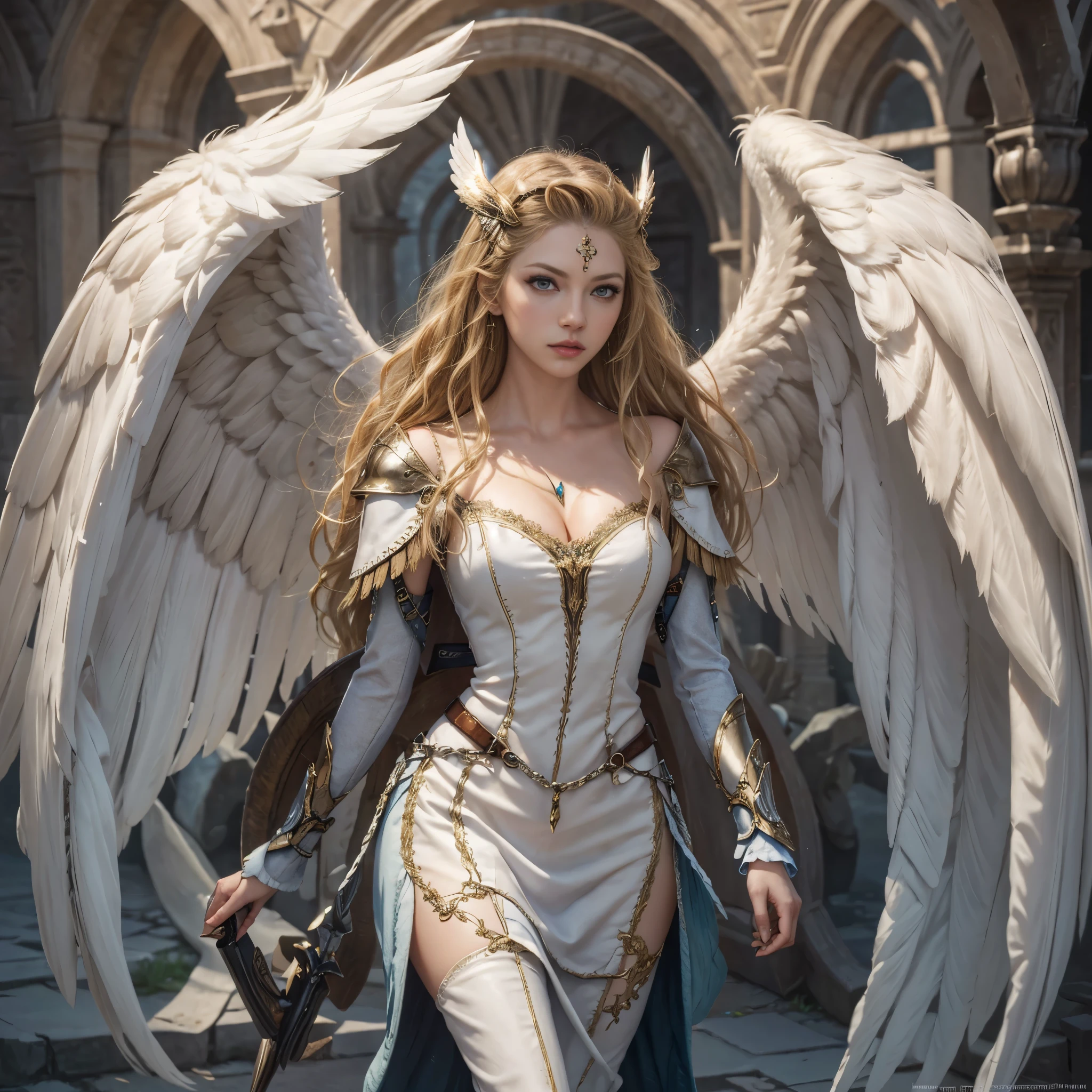 masterpiece, highly detailed, hyperrealistic fullbody shot of beautiful Katherine Winnick as a beautiful valkyrie angel, large angel wings, winged helmet, winged headgear