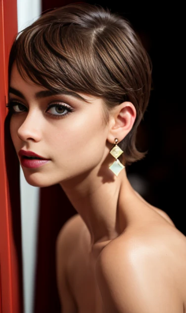 Photo of a 15-year-old European girl, .RAW, beautiful woman,freckles on cheeks and chest ,beautiful blue eyes(Light brown hair pixie haircut),messy pixie haircut ((portrait)), ((detailed face:1.2)), ((Detailed facial features)), (finely detailed skin)  ,lindo make-up, Purple eyeshadows on eyelids ,a sexy(cool color), (Tabletop) (perfect proportions realistic)(The best quality), NFFSW, (8k) (wallpaper) (cinematic lighting) (dramatic lighting) (sharp focus) (Convoluted) , varied background , Nice smile, Full body photo , posing for photo , black choker , clip on earrings , make-up , Red lips , purple eye shadow , beautiful nudes , naked , showing , happy