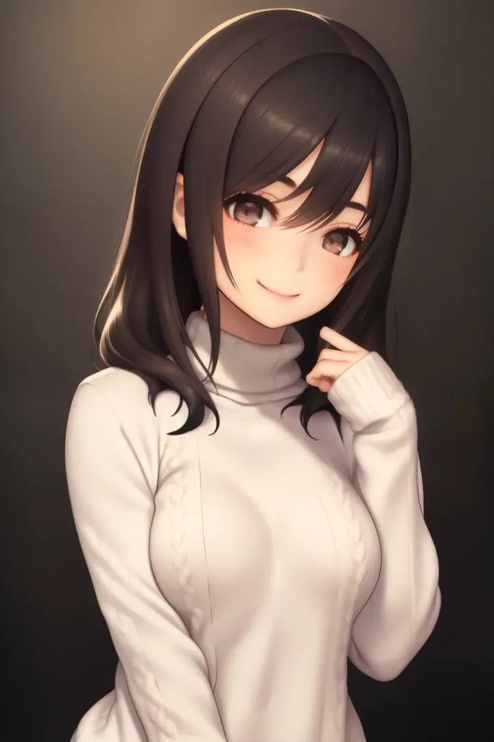 upper body, solo, 1girl in, looking ahead, smile, blush, medium breasts, knitted sweater、a dark-haired、long