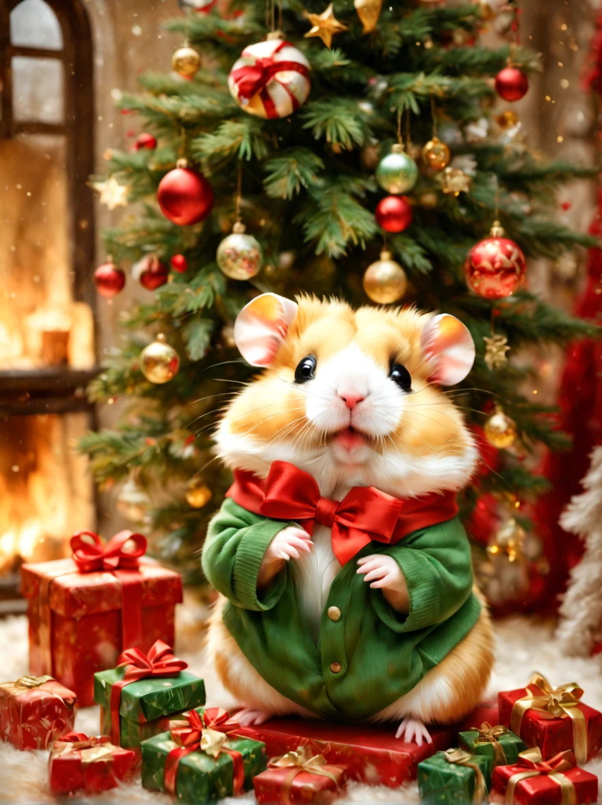 (Christmasパーティ会場:Christmas Decorations),inside in room,Christmas tree,ceiling decoration:Christmas,candy:Christmas,(hamster christmas party),(ダンシングhamster:party attire:dance:pulling the hands up:Opening Mouth:cute little:A delightful:Joy:glad),hamster達,​masterpiece,top-quality,Fluffy hamsters,Christmas,A delightful,tre anatomically correct,The cutest hamster,colourfull,hamster,bow ribbon:red and green,kirakira,Star ornament,fireplace,Fantasia,randolph caldecott style,illustratio,watercolor paiting,今日はA delightfulChristmasパーティです,最高に素敵なChristmas会場の飾りつけ