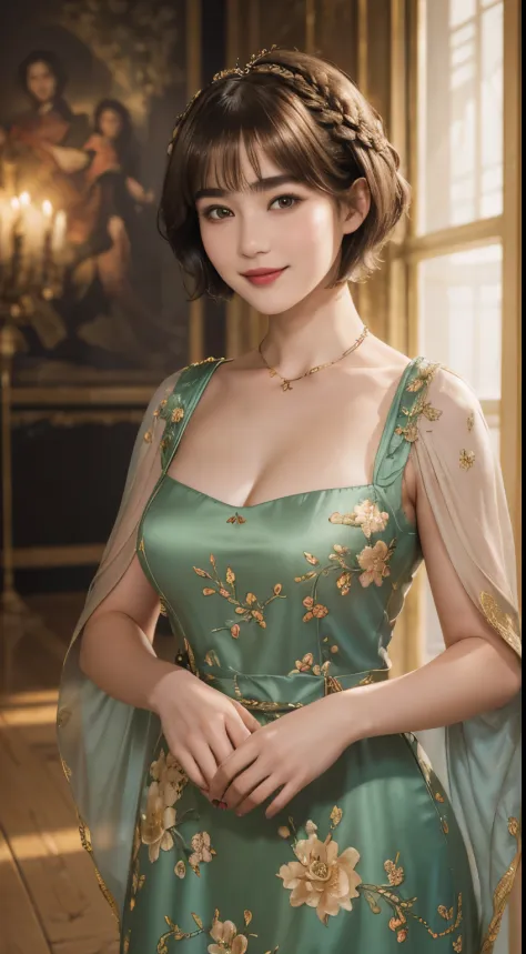 141
(a 20 yo woman,in the palace), (A hyper-realistic), (high-level image quality), ((beautiful hairstyle 46)), ((short-hair:1.4...