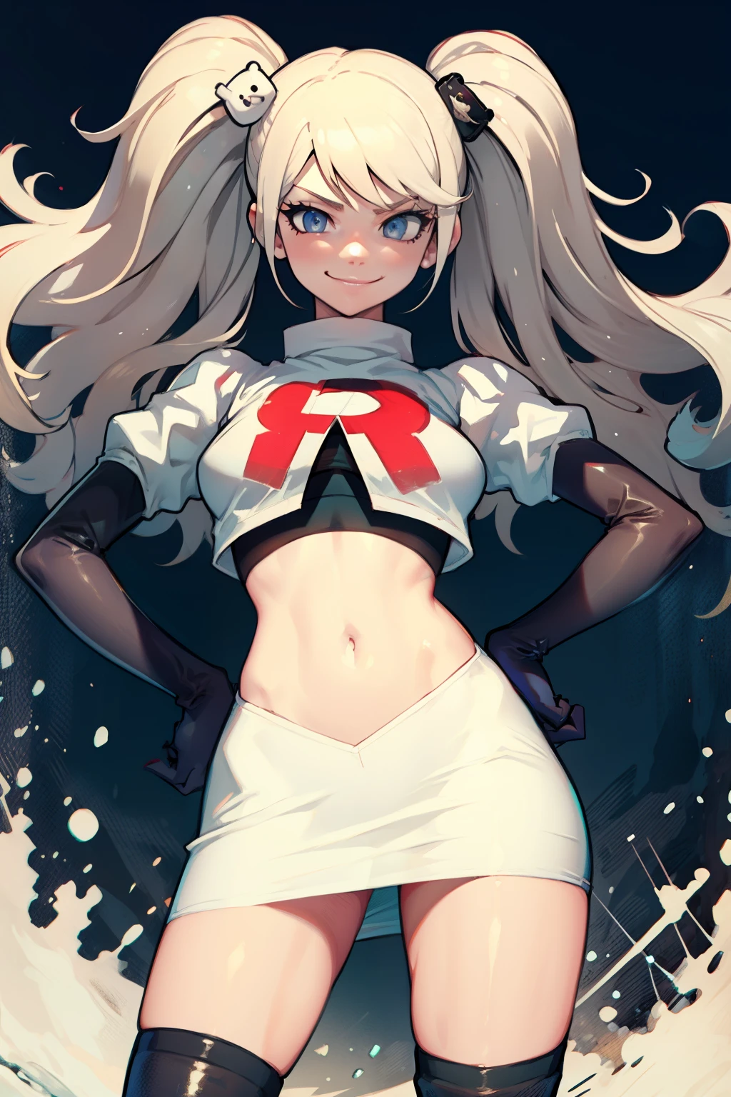 Junko Enoshima, labios brillantes ,Equipo Rocket,Equipo Rocket uniform, letra roja R, falda blanca,top corto blanco,botas negras hasta el muslo, guantes negros hasta el codo , mirando al espectador, sonrisa maligna, manos en la cintura