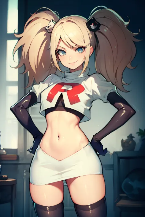 junko enoshima, glossy lips ,team rocket,team rocket uniform, red letter R, white skirt,white crop top,black thigh-high boots, black elbow gloves , looking at viewer, evil smile, hands on hips