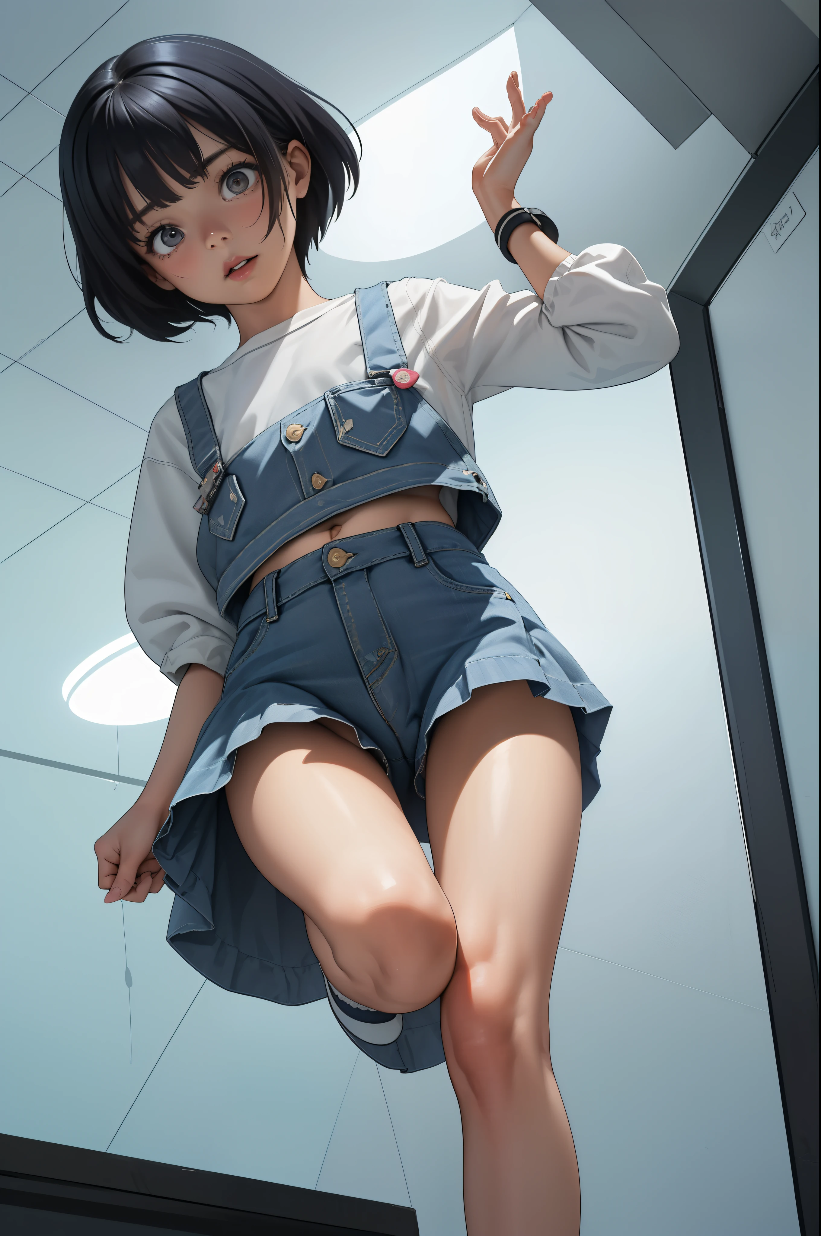 One girl、childish、(childish:1.4)、(life-like体つき)、Denim skirt、(I can see panties:1.4)、(Ultra-detailed描画)、(Super high quality drawing)、(32K)、(mysterious girl)、 Looking down, (Have a keen eye)、Skirt, ((Standing on one leg:1.2)), Smaller chest, From below, Kicking,,shoes, (Ultra-detailedﾊﾟﾝﾃｨｰ:1.1),(超life-likeパンティー:1.1)、(White panties),(life-likeｷｬﾒﾙﾄｰ:1.2)