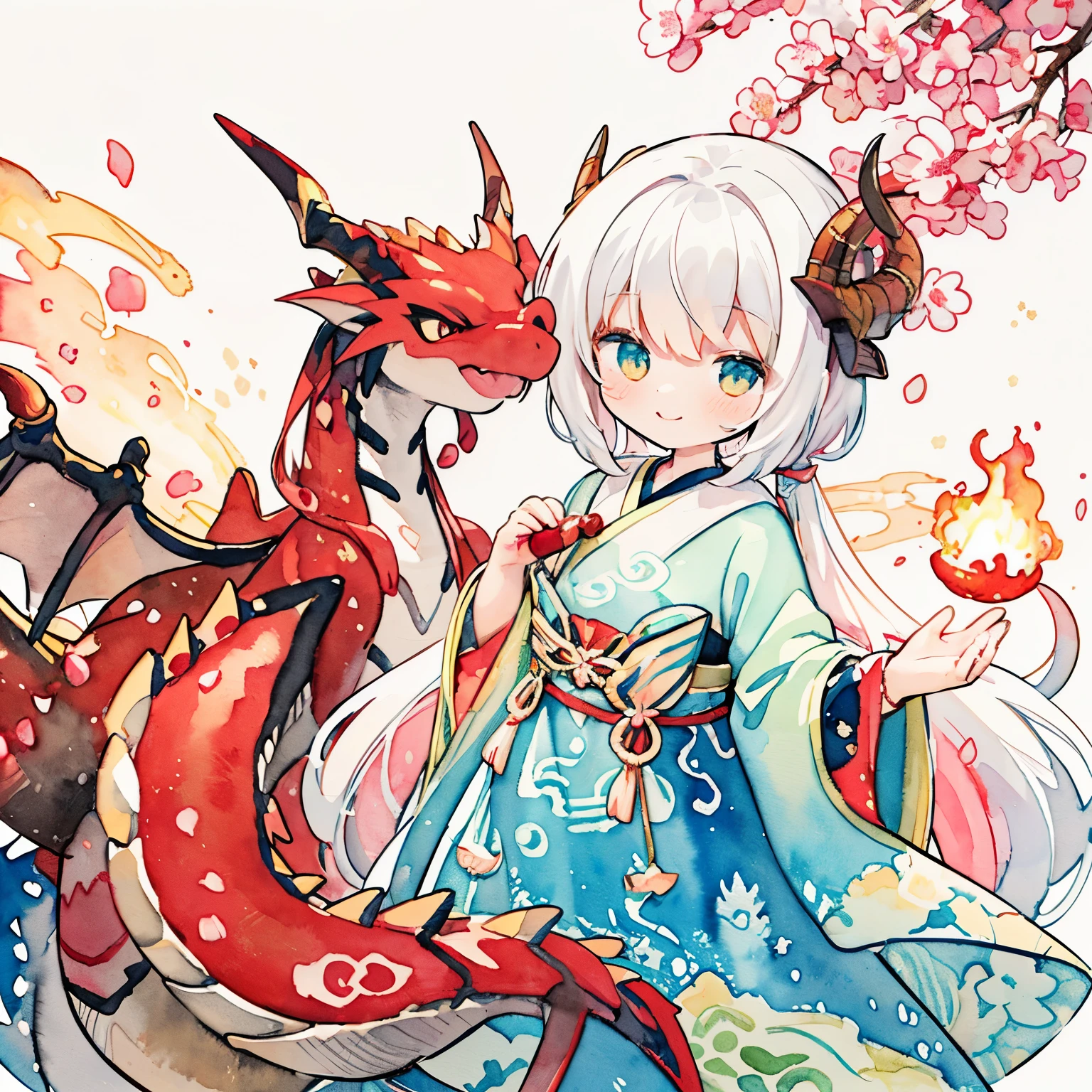 (PastelColors:1.0)、(Cute illustration:1.5)、(watercolor paiting:1.2)、Many red petals dance、the wind、Background with、Long、A slight smil、Cute smile、a red dragon、(Cool costumes:1.0)、full bodyesbian、The best smile、a soft smile、Smile cutely、kawaii faces、cheerful、kirakira、Beautiful face、kirakira、dragon motif dress、Dragon-like design、spark of light、a red dragonの羽、Dragon horn、flame magic、a magical world、Fantasia