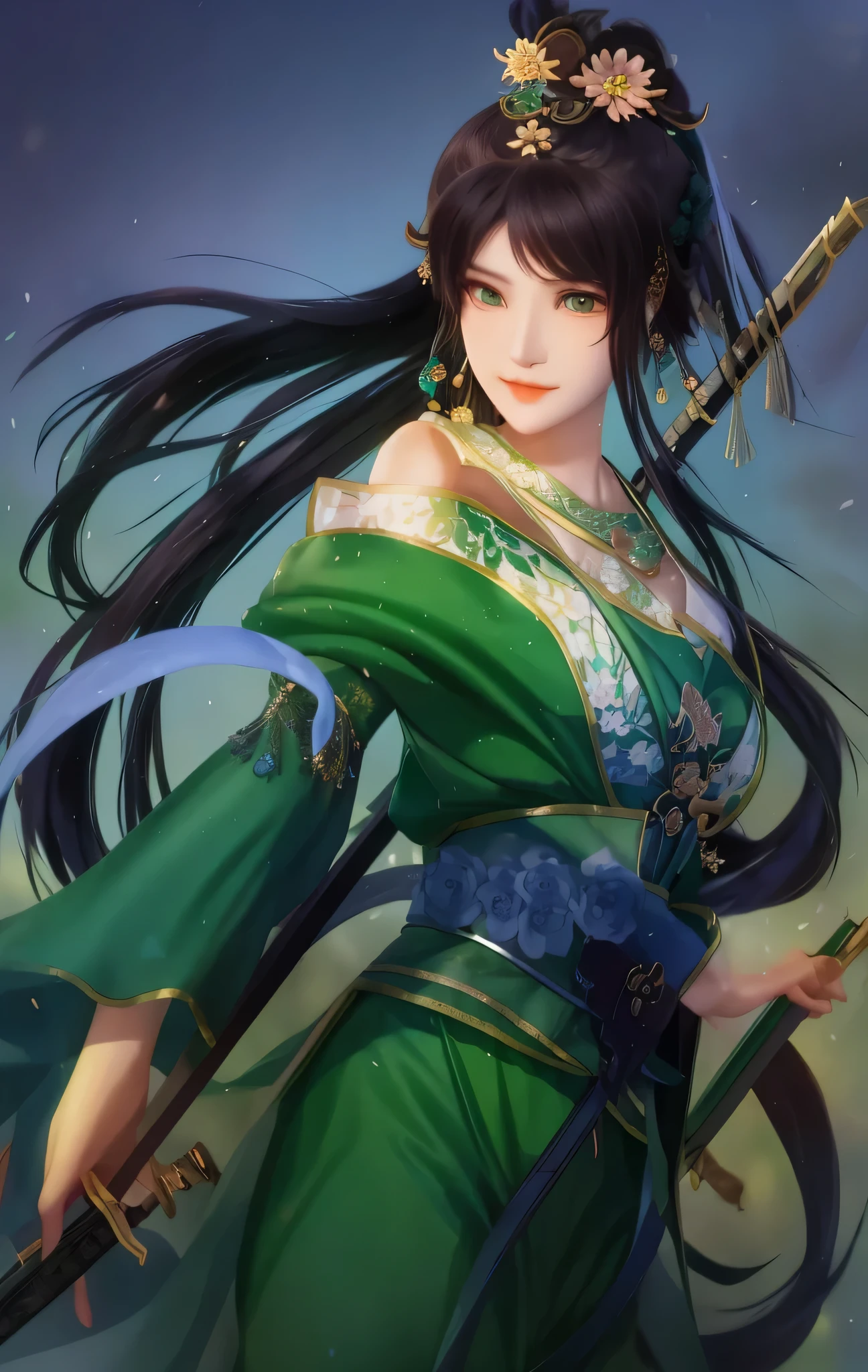 A woman in green holds a sword and flowers, inspired by plum trees, Inspired by Shen Zhou, Inspired by Wu Li, Inspired by Du Qiong, Belle peinture de personnage, inspired by Wu Zuoren, Inspired by Li Tang, Artgerm and Ruan Jia, Inspired by Zhu Lian, Inspired by Lan Ying, inspired by Zhang Wo