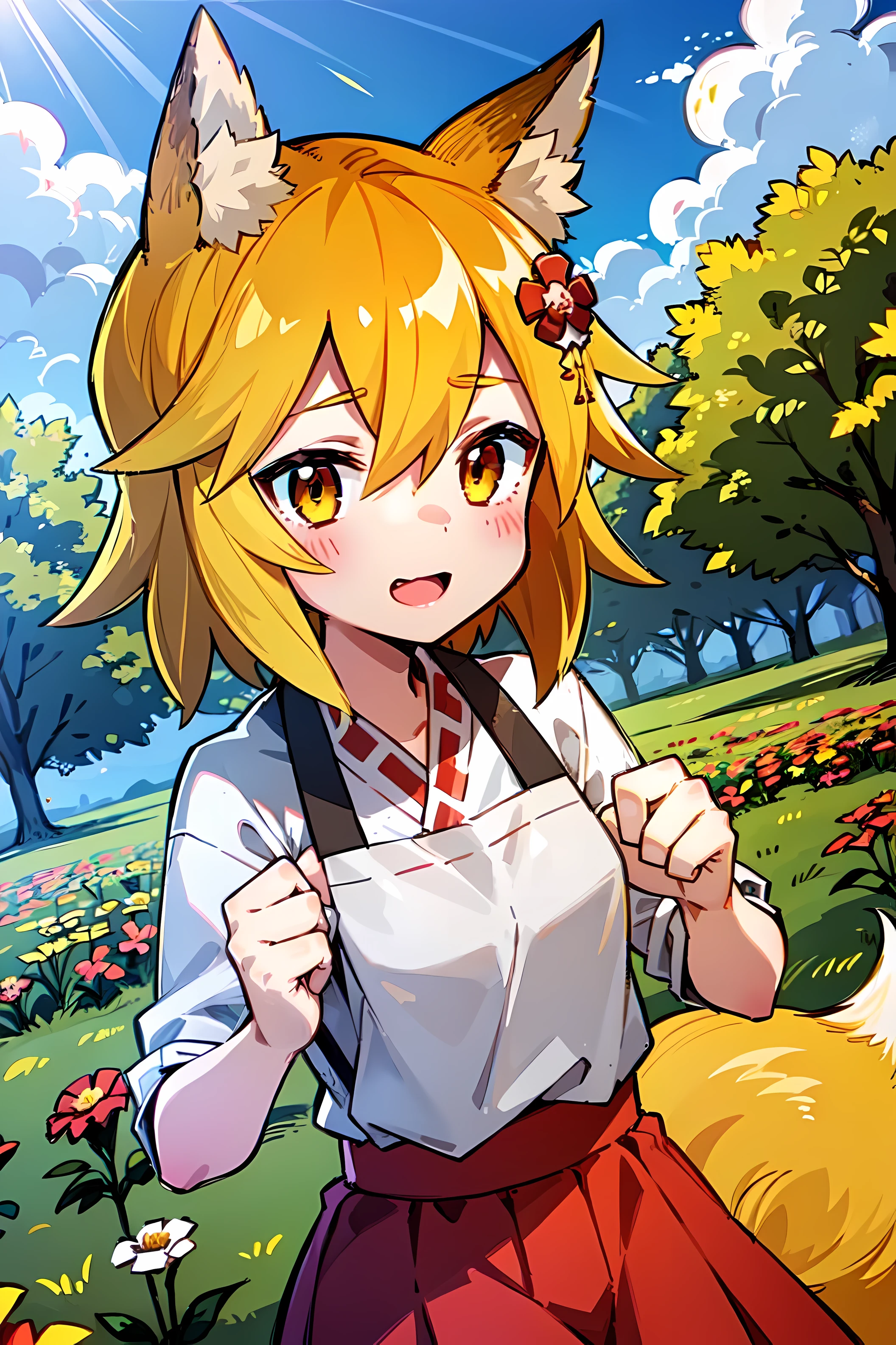 A  girl, Fox ears, 4K Image, flowers of different colors, field, Beautiful trees, Maximum details, village, at home, Beautiful cloud, Very nice girl, fists, Preparing for battle