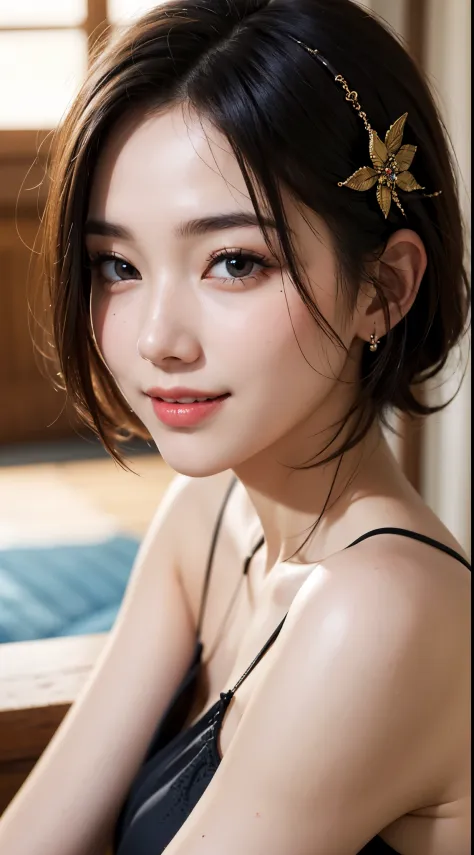 Best Quality, masutepiece, 超A high resolution, (Photorealistic:1.4), Raw photo, 1girl in, kｰpop idol, short-hair, Indoor, Summer noon,Detailed eyes,(realisticeyes),delicated face,realskin,detailed hairs,Detailed skin,Beautiful face,Smiling、((Beautiful hair...