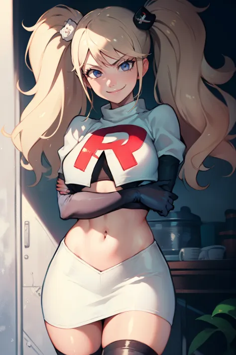junko enoshima, glossy lips ,team rocket,team rocket uniform, red letter R, white skirt,white crop top,black thigh-high boots, black elbow gloves , looking at viewer, evil smile, arms crossed