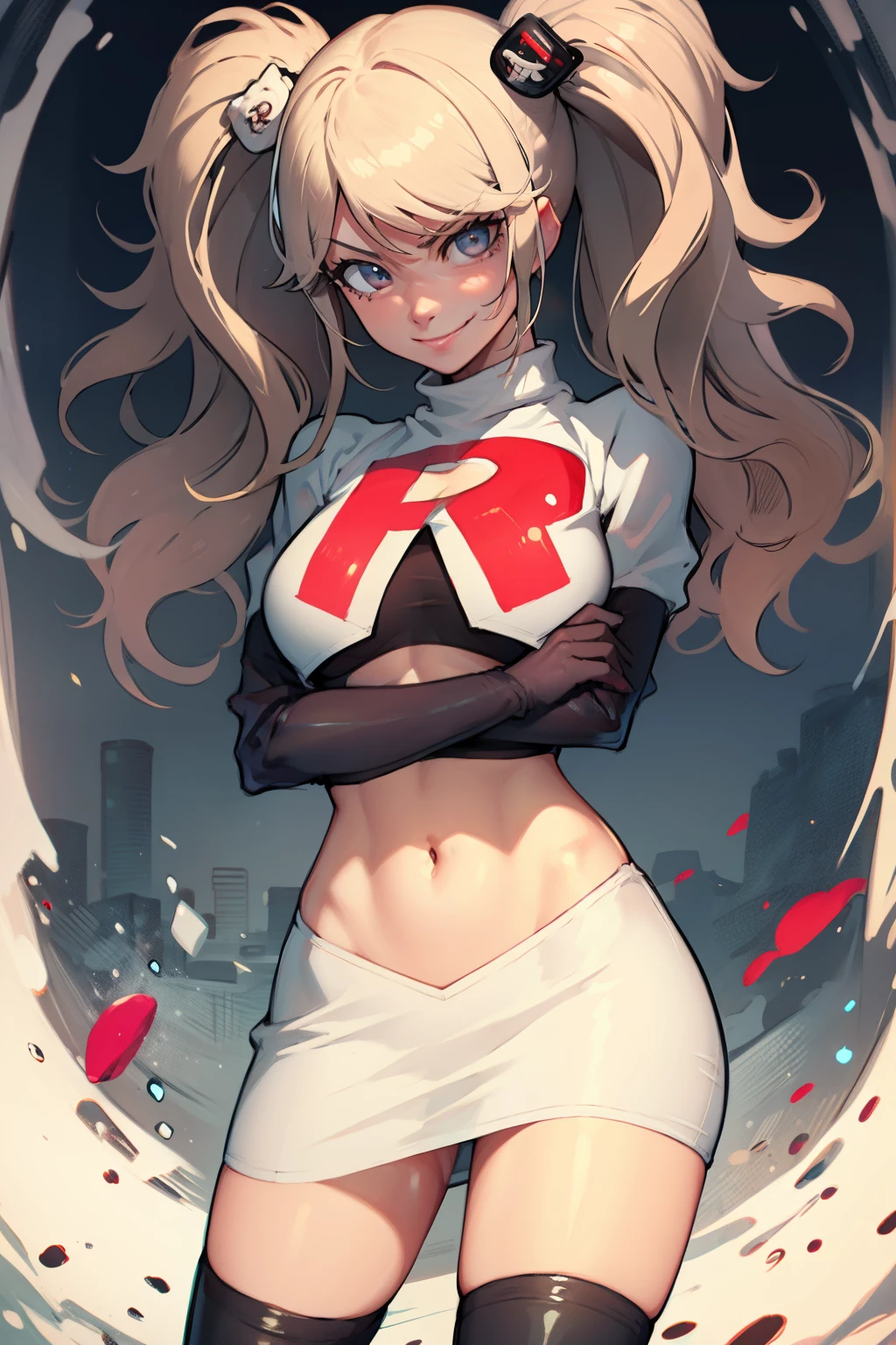 junko enoshima, schimmernde Lippen ,Team Rocket,Team Rocket uniform, roter Buchstabe R, weißer Rock,weißes bauchfreies Top,schwarze Overknee-Stiefel, schwarze Ellbogenhandschuhe , Betrachter betrachten, böses Lächeln, Arme überkreuzt