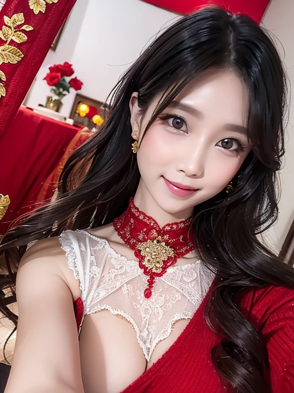 wavy hairwavy hair（（（The eyes are delicate））），hair adornments，choker necklace，Woman wearing sexy red lace sweater，Room filled with Chinese New Year decorations（（Grinning））（（（tmasterpiece）））， （（Best quality））， （（intricately details））， （（hyper realisitc））（8K）