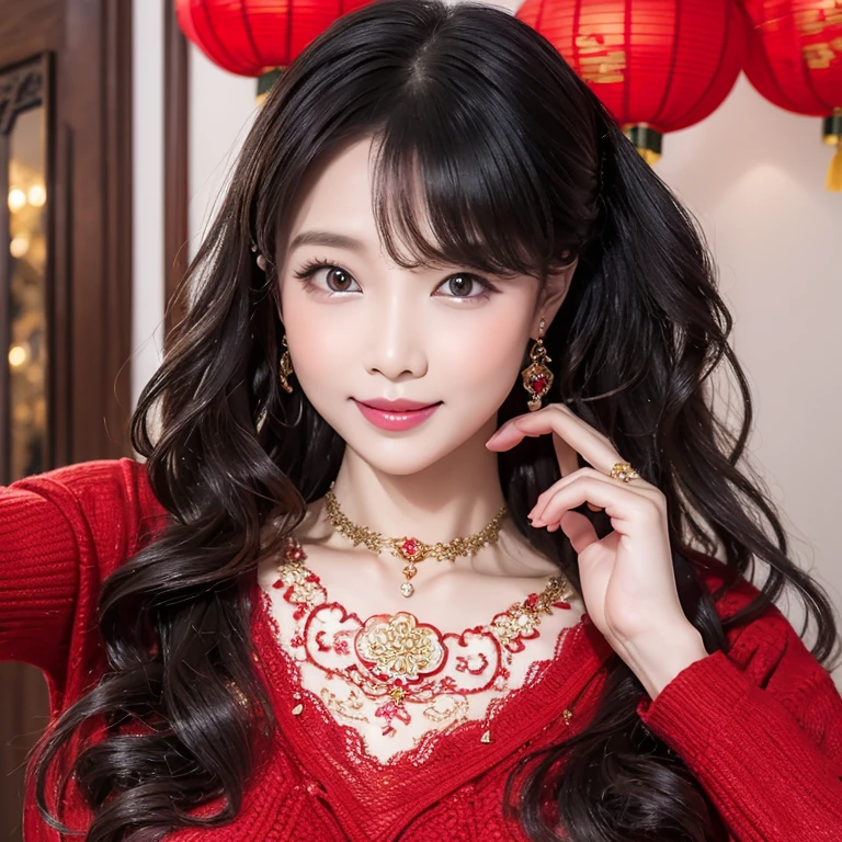 wavy hairwavy hair（（（The eyes are delicate））），hair adornments，choker necklace，Woman wearing sexy red lace sweater，Room filled with Chinese New Year decorations（（Grinning））（（（tmasterpiece）））， （（Best quality））， （（intricately details））， （（hyper realisitc））（8K）