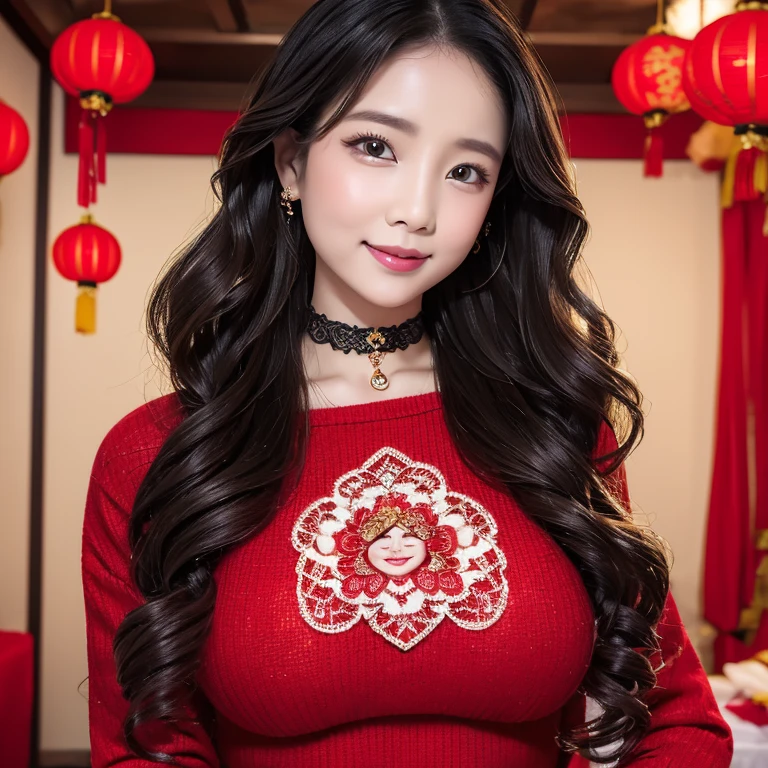 wavy hairwavy hair（（（The eyes are delicate））），hair adornments，choker necklace，Woman wearing sexy red lace sweater，Room filled with Chinese New Year decorations（（Grinning））（（（tmasterpiece）））， （（Best quality））， （（intricately details））， （（hyper realisitc））（8K）