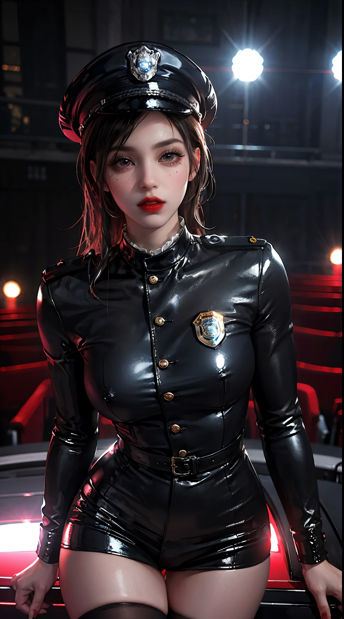 Solo, (Police Uniform, Policewoman), Stockings, City Lights, (Looking at the audience: 1.3), Lips Apart, Red Lips, Shiny Skin, Skin Dents, Best Quality, Ultra High Resolution, (Realism: 1.4),