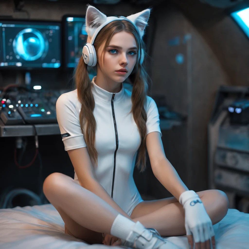 Russian girl,  sitting on a bed,  in a cyberpunk steel bunker with hatches etc.,  in the background. she is wearing white cats ears. She has twintail hairstyle. 16 years old girl,  slim petite,  small girl,  beautiful breasts. Masterpiece,  8k,  4k,  high resolution,  dslr,  ultra quality,  sharp focus,  tack sharp,  dof,  film grain,  Fujifilm XT3,  crystal clear,  8K UHD,  highly detailed light blue eyes,  high detailed skin,  skin pores,  seductive,   look,  bewitching lady with beautiful long hair,  brown eyes,  full lips,  long legs,  lovely face wearing torn vaultsuit clothes. , realistic colors, realistic, photorealistic