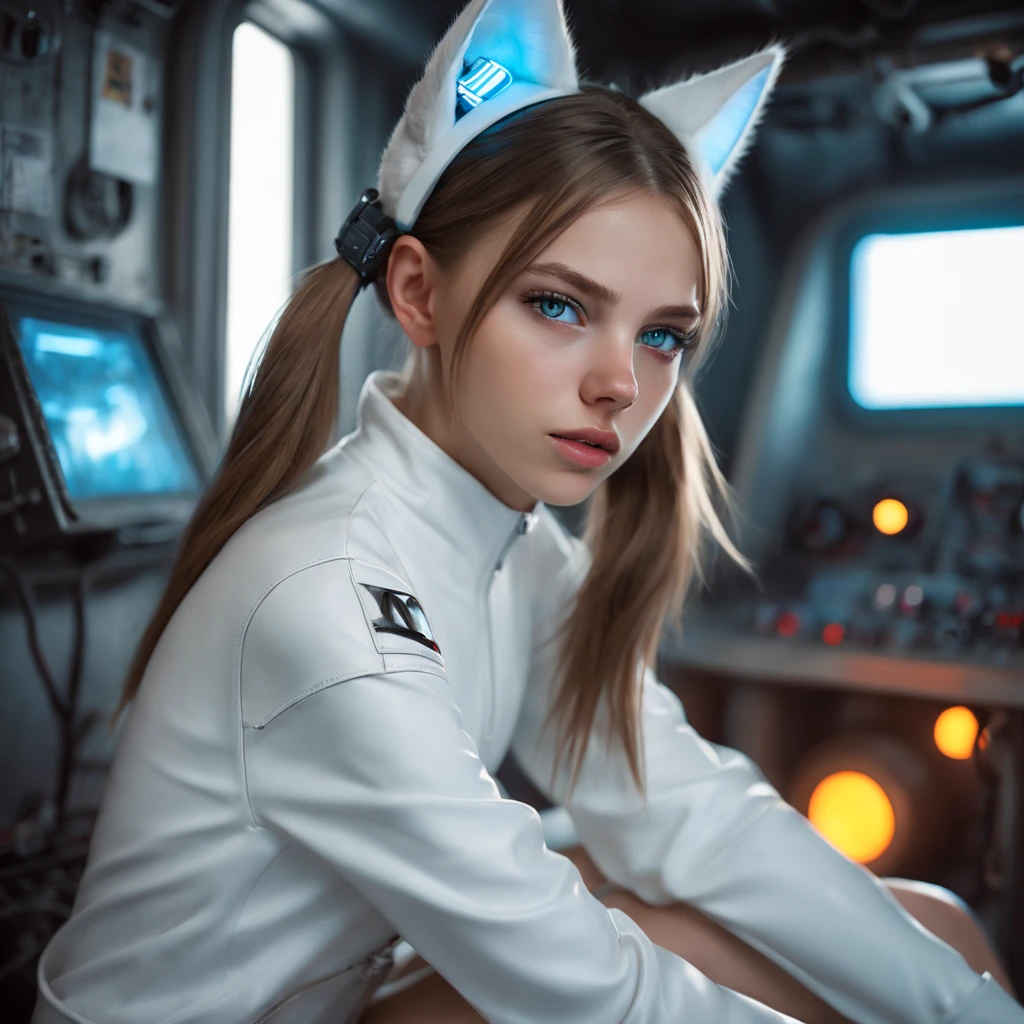 Russian girl,  sitting on a bed,  in a cyberpunk steel bunker with hatches etc.,  in the background. she is wearing white cats ears. She has twintail hairstyle. 16 years old girl,  slim petite,  small girl,  beautiful breasts. Masterpiece,  8k,  4k,  high resolution,  dslr,  ultra quality,  sharp focus,  tack sharp,  dof,  film grain,  Fujifilm XT3,  crystal clear,  8K UHD,  highly detailed light blue eyes,  high detailed skin,  skin pores,  seductive,   look,  bewitching lady with beautiful long hair,  brown eyes,  full lips,  long legs,  lovely face wearing torn vaultsuit clothes. , realistic colors, realistic, photorealistic