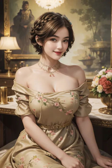 141
(a 20 yo woman,in the palace), (A hyper-realistic), (high-level image quality), ((beautiful hairstyle 46)), ((short-hair:1.46)), (kindly smile), (breasted:1.1), (lipsticks), (is wearing dress), (murky,wide,Luxurious room), (florals), (an oil painting、R...