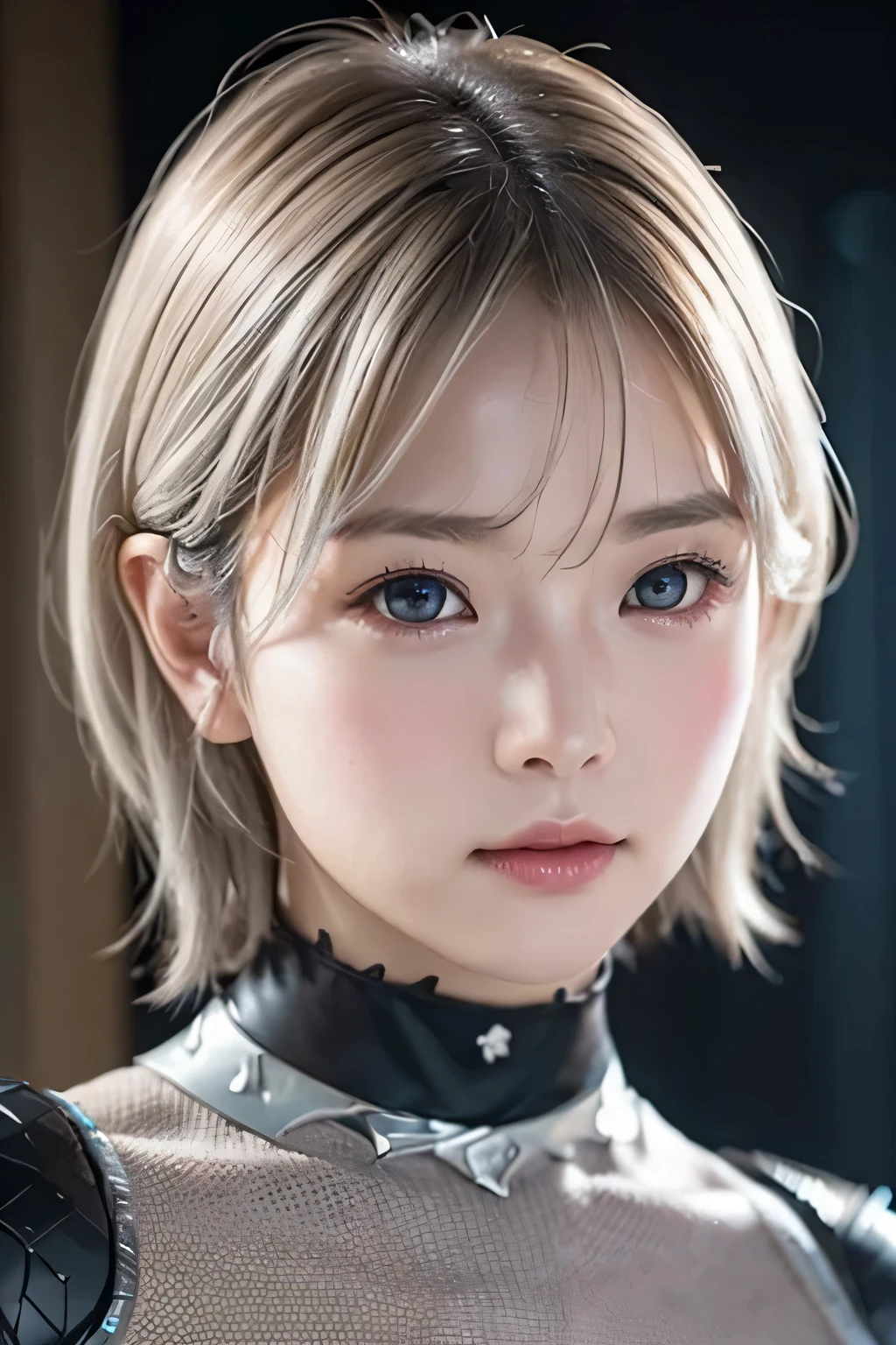 top-quality、8K Masterpiece、超A high resolution、(Photorealsitic:1.3)、Raw photo、女の子1人、silver white hair、glowy skin、1 Cyberpunk Super Beautiful Soldier、((super realistic details))、portlate、globalillumination、Shadow、octan render、8K、ultrasharp、beauty breast、Raw skin is exposed in cleavage、metals、cold color、、highly intricate detail、Realistic light、CGSoation trend beautiful eyes、Eyes shining towards the camera、neon details、Junior high school girl、Shining turquoise eyes、tiny body、Slimed、flat body、a choker