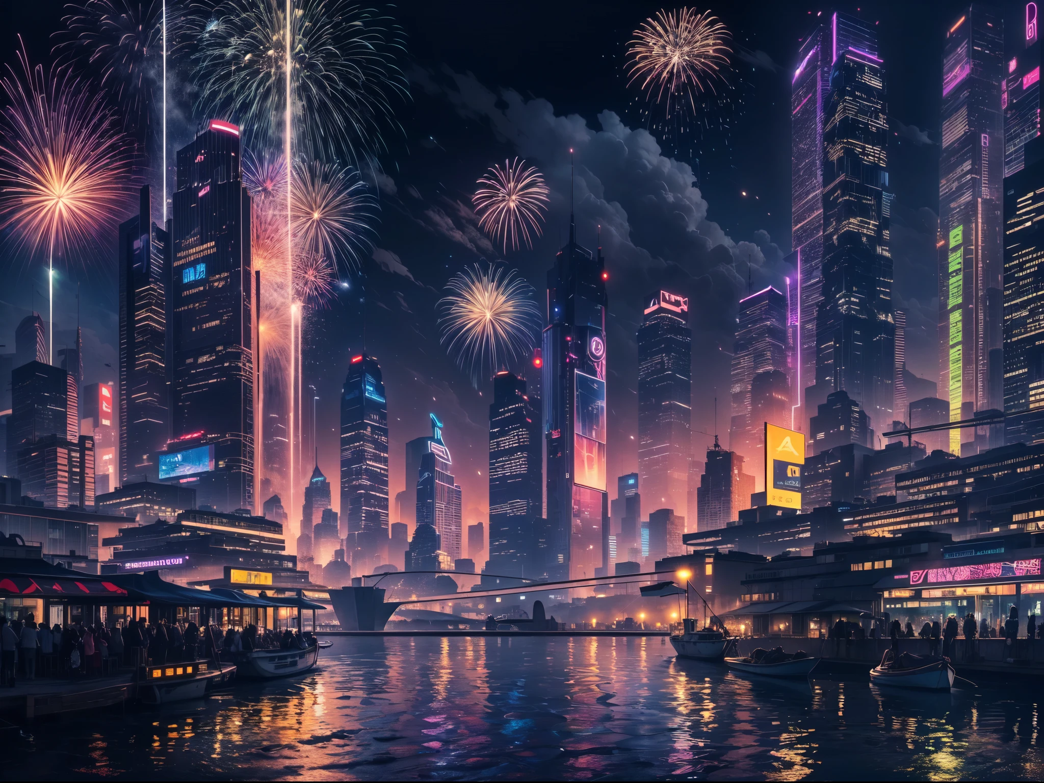 Cyberpunk Technology City，nighttime scene，water cruise，skyscrapers on the shore，Bustling metropolis，urban lamplight show，Brilliant laser fireworks bloom in the sky，Lots of fireworks，lamplight，