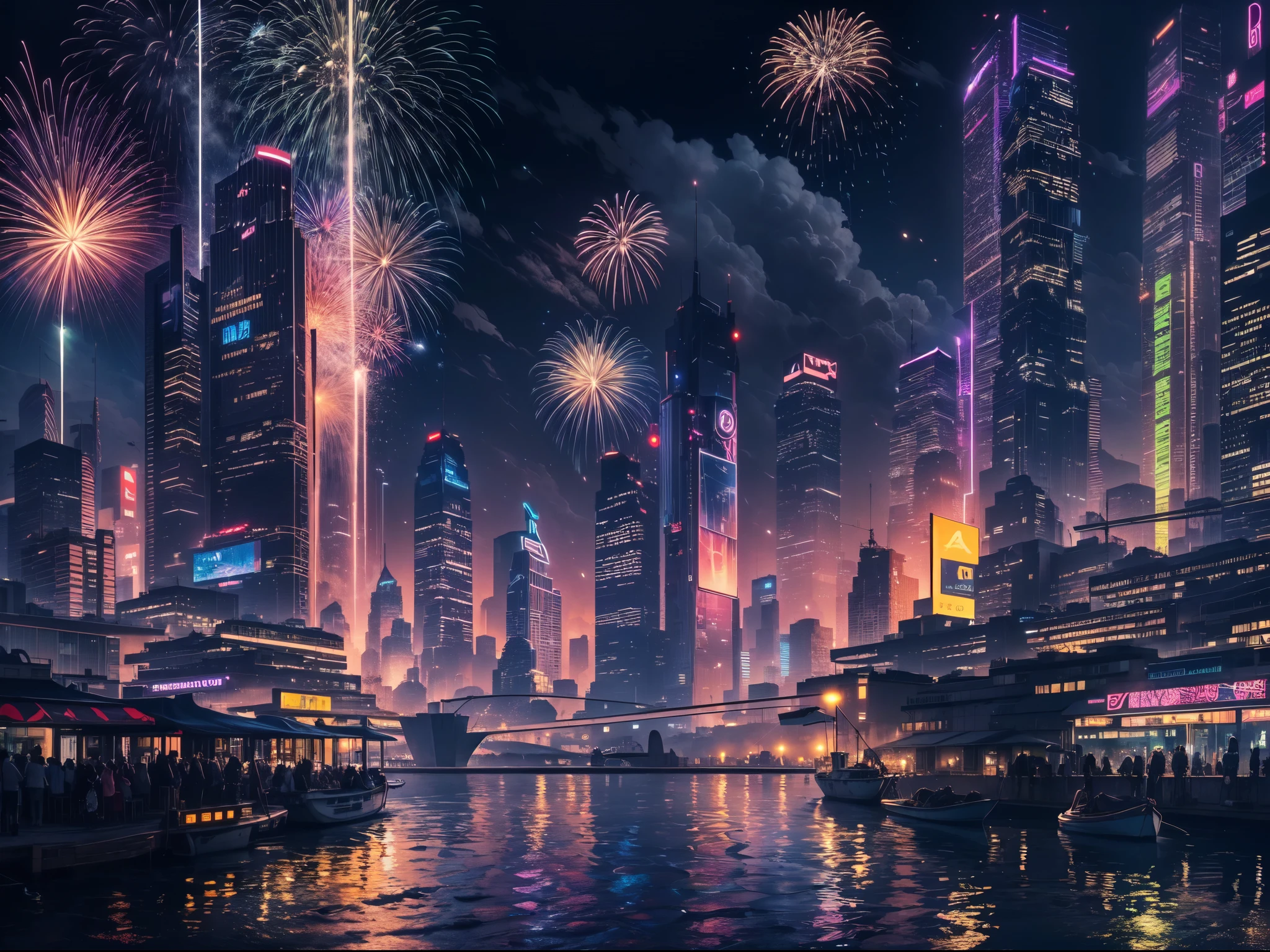 Ville technologique cyberpunk，scène de nuit，croisière fluviale，gratte-ciel sur le rivage，Métropole animée，城市lampe秀，De brillants feux d&#39;artifice laser fleurissent dans le ciel，Beaucoup de feux d&#39;artifice，lampe，