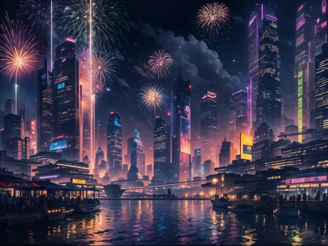 Cyberpunk Technology City，nighttime scene，water cruise，skyscrapers on the shore，Bustling metropolis，城市lamplight秀，Brilliant laser...