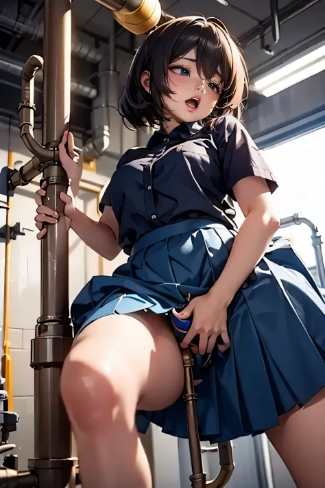 drooping eyes, ecstasy, sleepy face, (((hit her crotch against the pipe))), (((hide crotch with a long skirt))), open legs, orgasm, inside the factory,