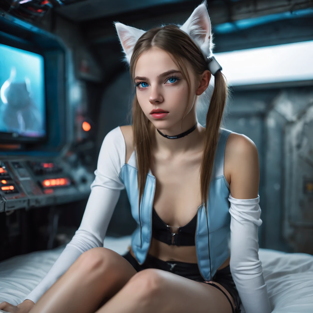 Russian girl,  sitting on a bed,  in a cyberpunk steel bunker with hatches etc.,  in the background. she is wearing white cats ears. She has twintail hairstyle. 16 years old girl,  slim petite,  small girl,  beautiful breasts. Masterpiece,  8k,  4k,  high resolution,  dslr,  ultra quality,  sharp focus,  tack sharp,  dof,  film grain,  Fujifilm XT3,  crystal clear,  8K UHD,  highly detailed light blue eyes,  high detailed skin,  skin pores,  seductive,   look,  bewitching lady with beautiful long hair,  brown eyes,  full lips,  long legs,  lovely face wearing torn vaultsuit clothes. , realistic colors, realistic, photorealistic