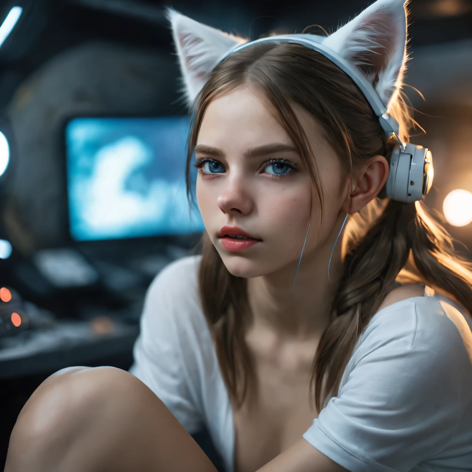 Russian girl,  sitting on a bed,  in a cyberpunk steel bunker with hatches etc.,  in the background. she is wearing white cats ears. She has twintail hairstyle. 16 years old girl,  slim ,  small girl,  beautiful breasts. Masterpiece,  8k,  4k,  high resolution,  dslr,  ultra quality,  sharp focus,  tack sharp,  dof,  film grain,  Fujifilm XT3,  crystal clear,  8K UHD,  highly detailed light blue eyes,  high detailed skin,  skin pores,  seductive,   look,  bewitching lady with beautiful long hair,  brown eyes,  full lips,  long legs,  lovely face wearing torn vaultsuit clothes. , realistic colors, realistic, photorealistic