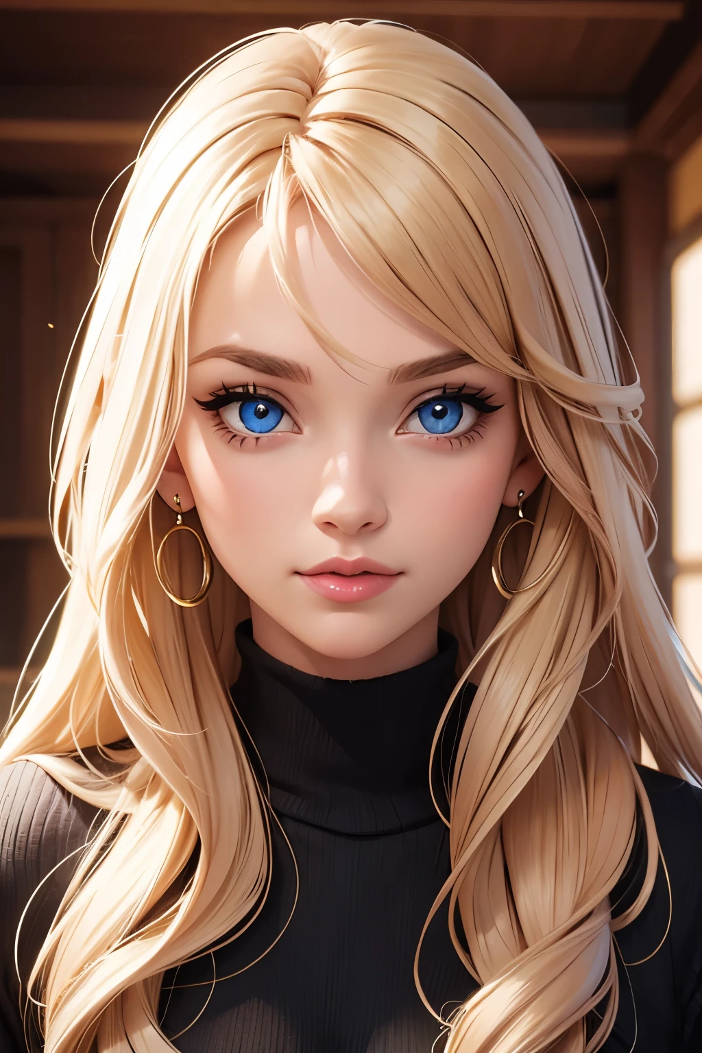 The camera captures a young woman with fair skin and golden blonde long hair and piercing blue eyes, her upturned nose giving her a unique and alluring look. Her full lips are adorned with a pop of pink lipstick, matching the pink eyeshadow that makes her eyes sparkle