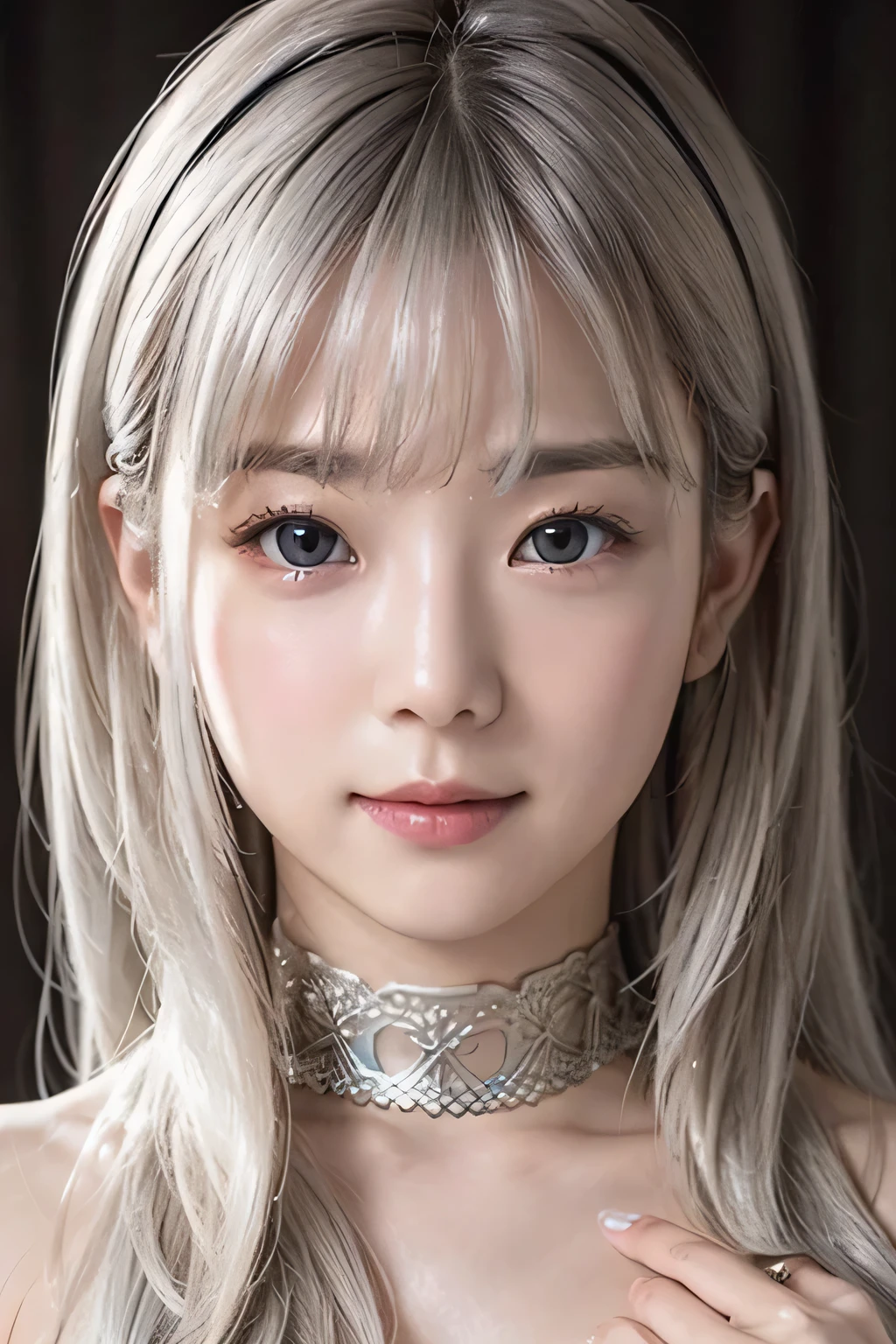 top-quality、8K Masterpiece、超A high resolution、(Photorealsitic:1.3)、Raw photo、女の子1人、silver white hair、glowy skin、1 Cyberpunk Super Beautiful Soldier、((super realistic details))、portlate、globalillumination、Shadow、octan render、8K、ultrasharp、beauty breast、Raw skin is exposed in cleavage、metals、cold color、、highly intricate detail、Realistic light、CGSoation trend beautiful eyes、Eyes shining towards the camera、neon details、Junior high school girl、Shining light gray eyes、tiny body、Slimed、flat body、a choker