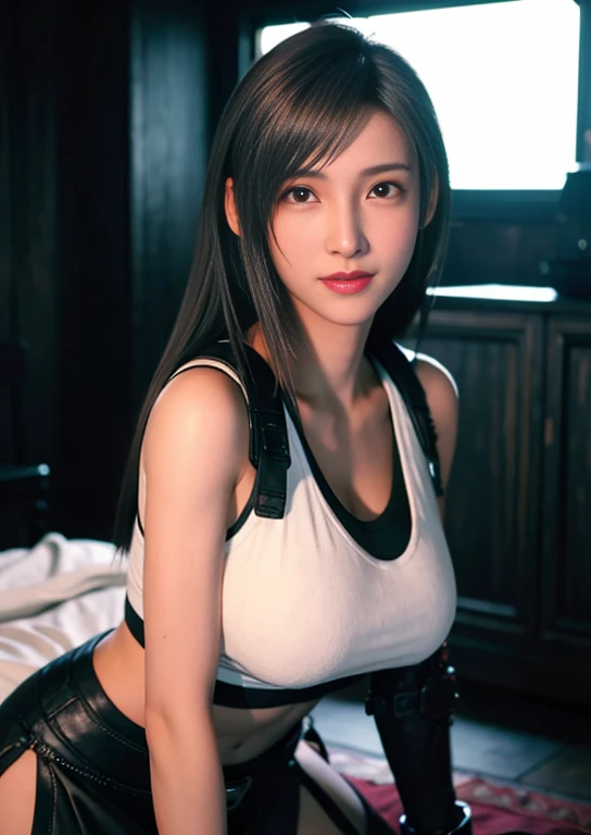 (Photorealsitic:1.4)、top-quality、extremely delicate and beautiful、hight resolution、1girl、FF Remake　tifa lockhart、a smile、suspenders、lowrise、a miniskirt、Tank tops、Tense shirt、A dark-haired、length hair、elbowgloves、Beautiful detailed red eyes、Facial light、电影灯光、nabel、High exposure、Exposure of the abdomen、thin-waist、(large full breasts:1.2)、dynamicposes、dynamic ungle、all-fours、