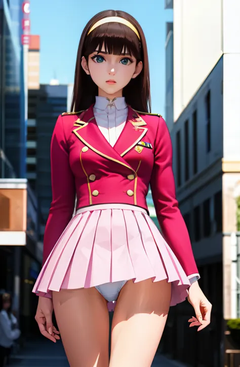 1girl in, sayla mass, Elegant, masutepiece, Convoluted, Army pink uniform dress with a super miniskirt so short you can almost see your pants..............、Pure white panties、Please squat down and show me your white panties..............、Super miniskirt Yo...