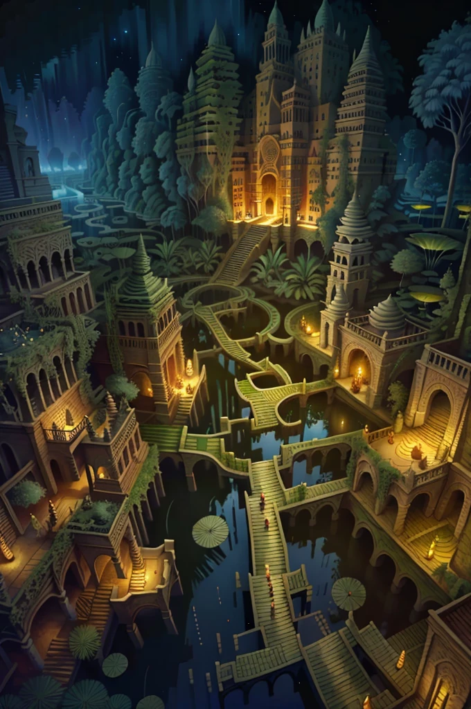 high angle, Labyrinth, hanging gardens of babylon at night, pond, mud, godrays, water lilies, reeds, fireflies, vivid color, three point perspective, cinematic lighting, intricate detail