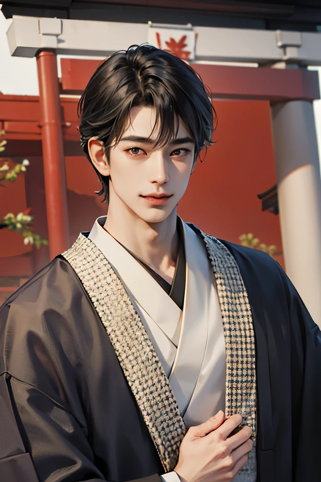 handsome male, a man, (medium hair), slant eyes, black hair, japanese new year, men's kimono, smile, japanese shrine,