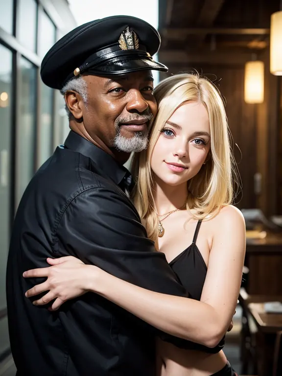 Young beautiful blonde German woman with old black man, old man hugging woman from behind