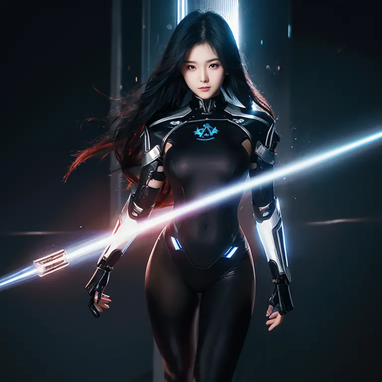A beautiful CG animated Asian，in her 20s，Star face，Body in mecha tights，glowing hair，Black element，Machine City